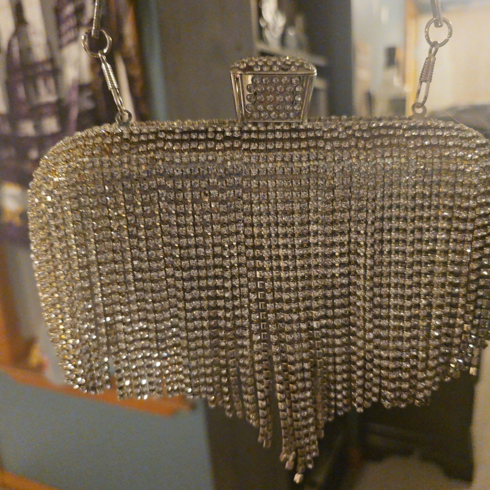 Silver Crystal Fringe Clutch